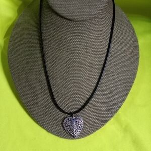 Silvertone heart ♥ filigree Black cord necklace